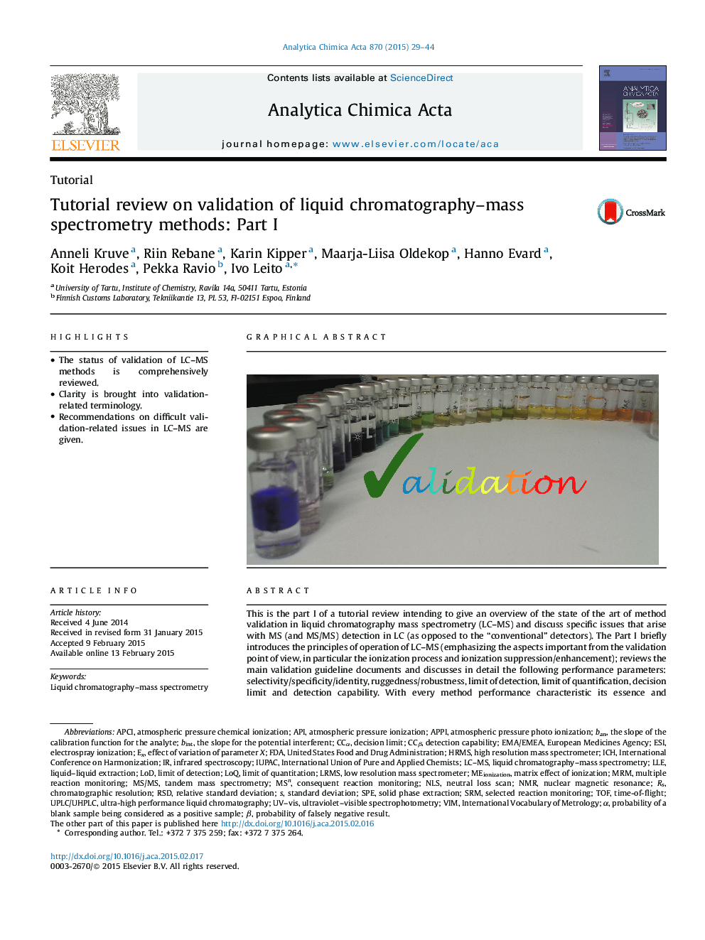 Tutorial review on validation of liquid chromatography–mass spectrometry methods: Part I