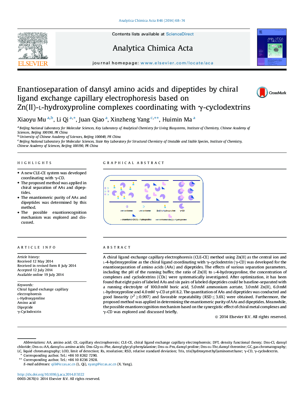 Enantioseparation of dansyl amino acids and dipeptides by chiral ligand exchange capillary electrophoresis based on Zn(II)-l-hydroxyproline complexes coordinating with γ-cyclodextrins