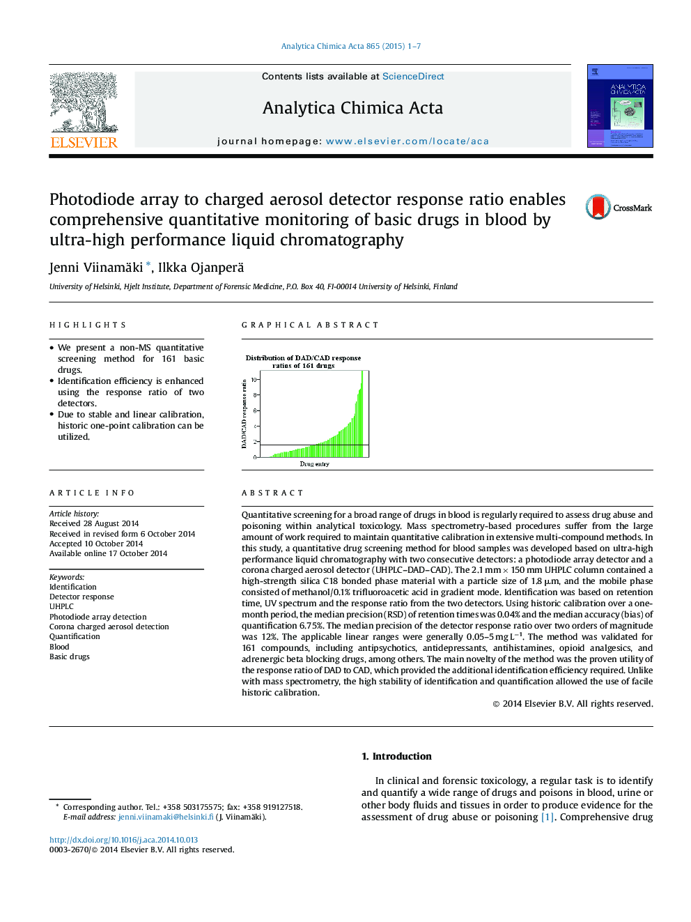 Photodiode array to charged aerosol detector response ratio enables comprehensive quantitative monitoring of basic drugs in blood by ultra-high performance liquid chromatography