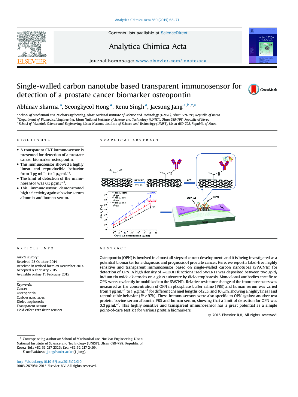 Single-walled carbon nanotube based transparent immunosensor for detection of a prostate cancer biomarker osteopontin