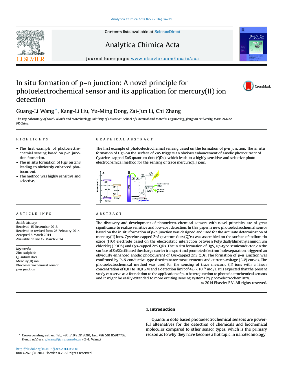 In situ formation of p–n junction: A novel principle for photoelectrochemical sensor and its application for mercury(II) ion detection