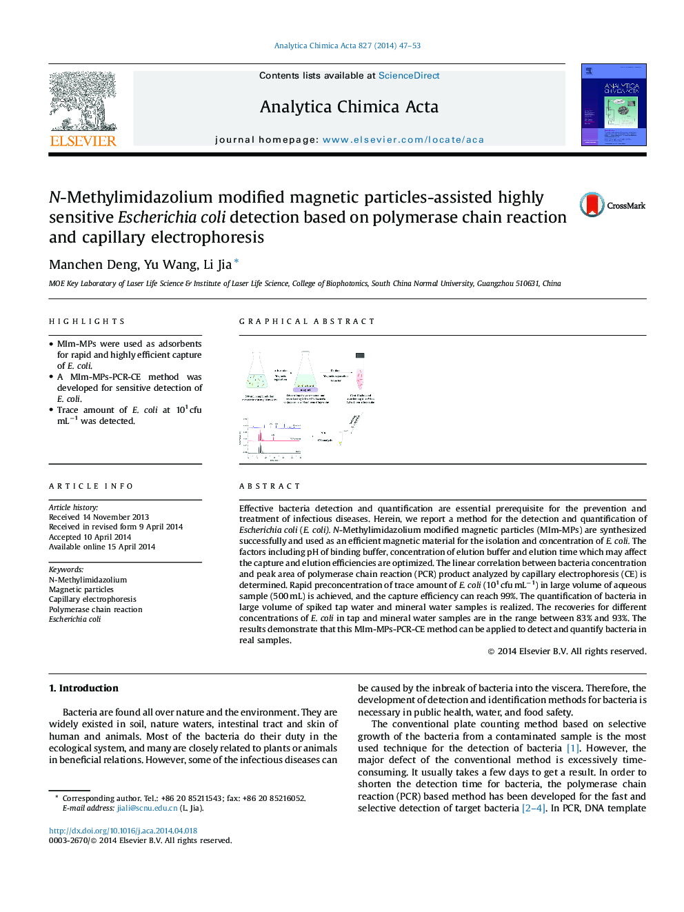 N-Methylimidazolium modified magnetic particles-assisted highly sensitive Escherichia coli detection based on polymerase chain reaction and capillary electrophoresis