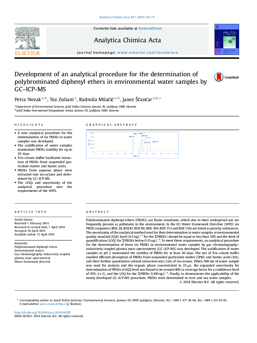 Development of an analytical procedure for the determination of polybrominated diphenyl ethers in environmental water samples by GC–ICP-MS