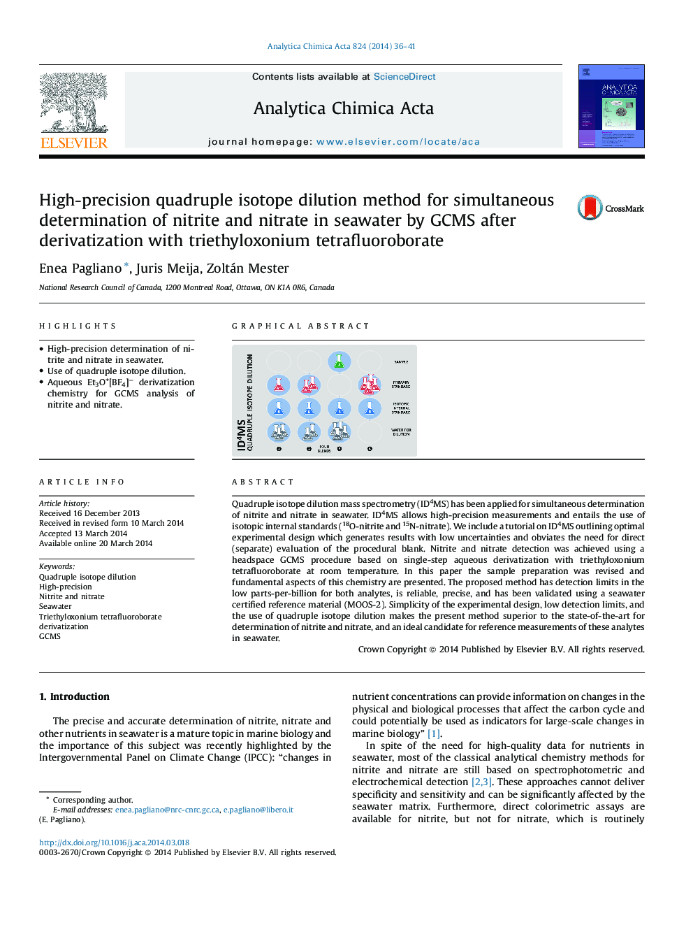 High-precision quadruple isotope dilution method for simultaneous determination of nitrite and nitrate in seawater by GCMS after derivatization with triethyloxonium tetrafluoroborate