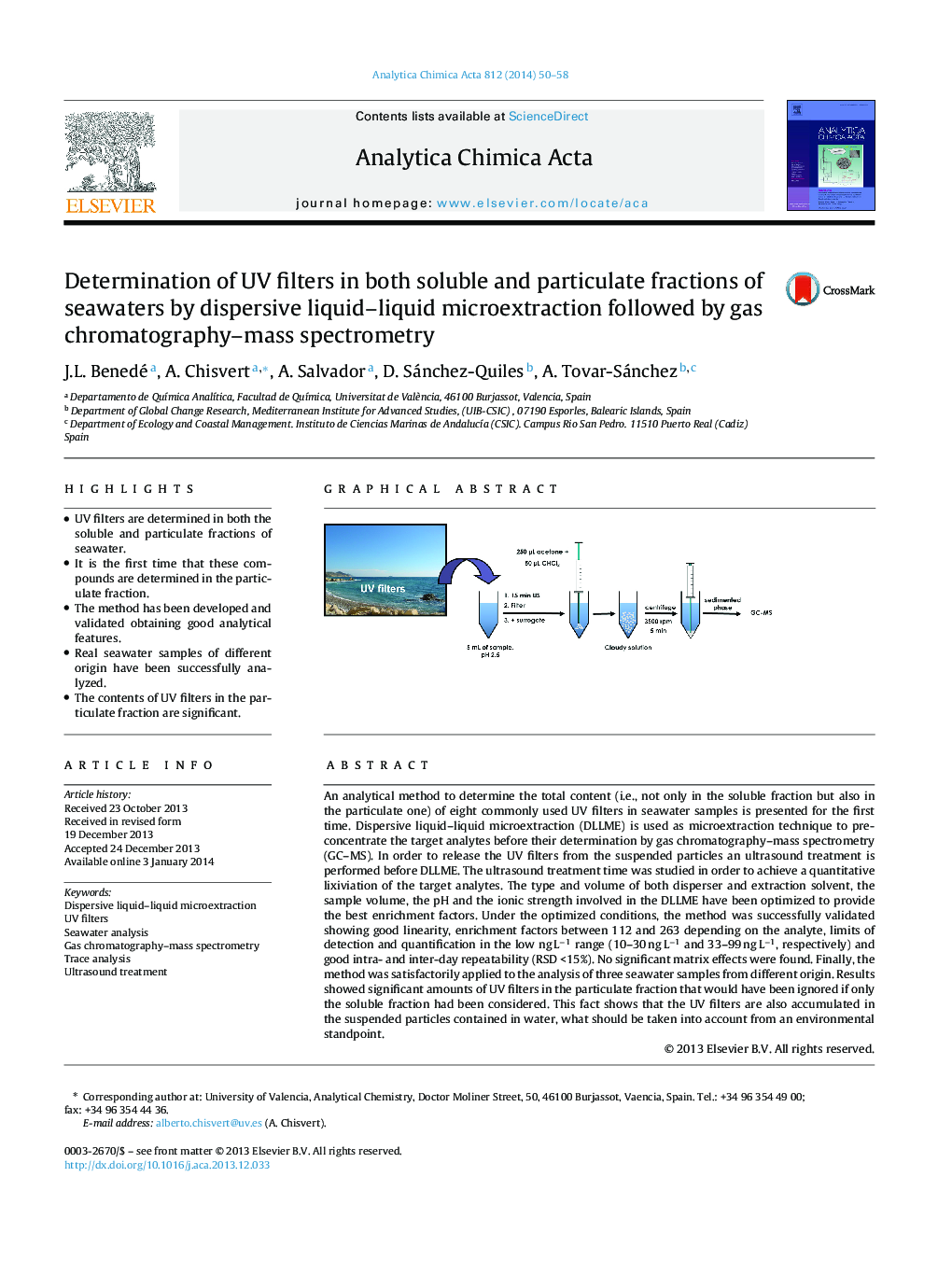 Determination of UV filters in both soluble and particulate fractions of seawaters by dispersive liquid–liquid microextraction followed by gas chromatography–mass spectrometry