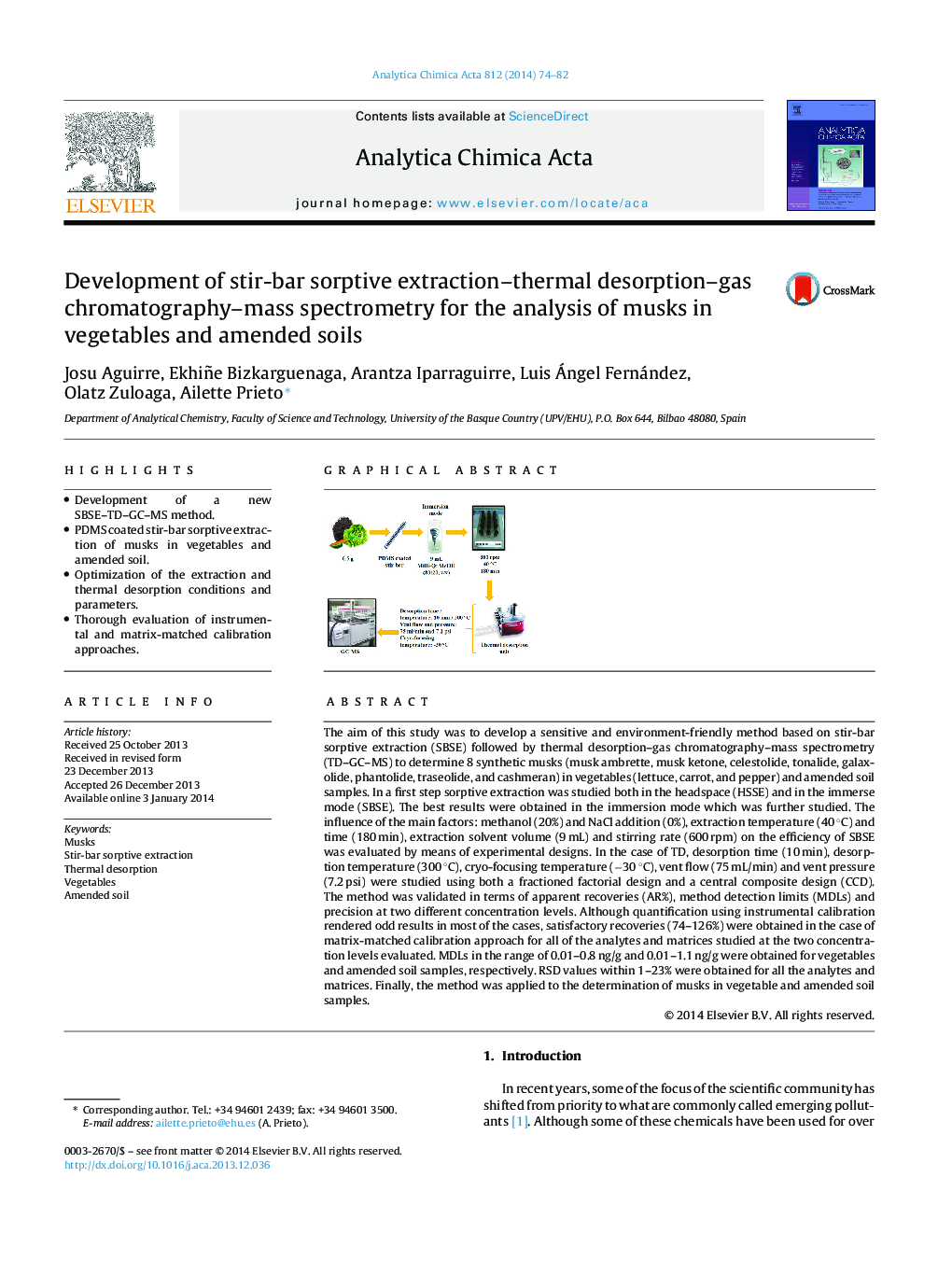 Development of stir-bar sorptive extraction–thermal desorption–gas chromatography–mass spectrometry for the analysis of musks in vegetables and amended soils