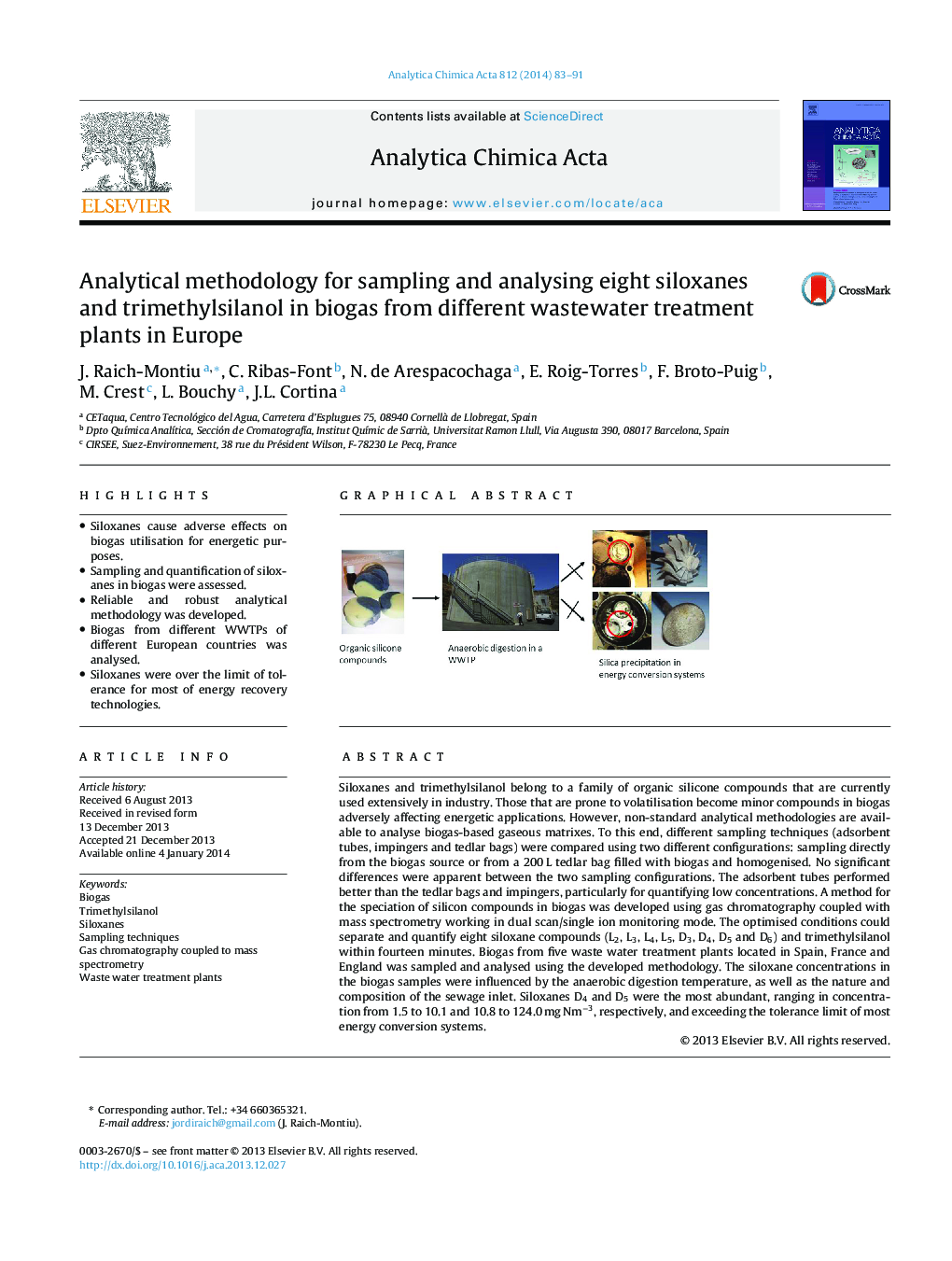 Analytical methodology for sampling and analysing eight siloxanes and trimethylsilanol in biogas from different wastewater treatment plants in Europe