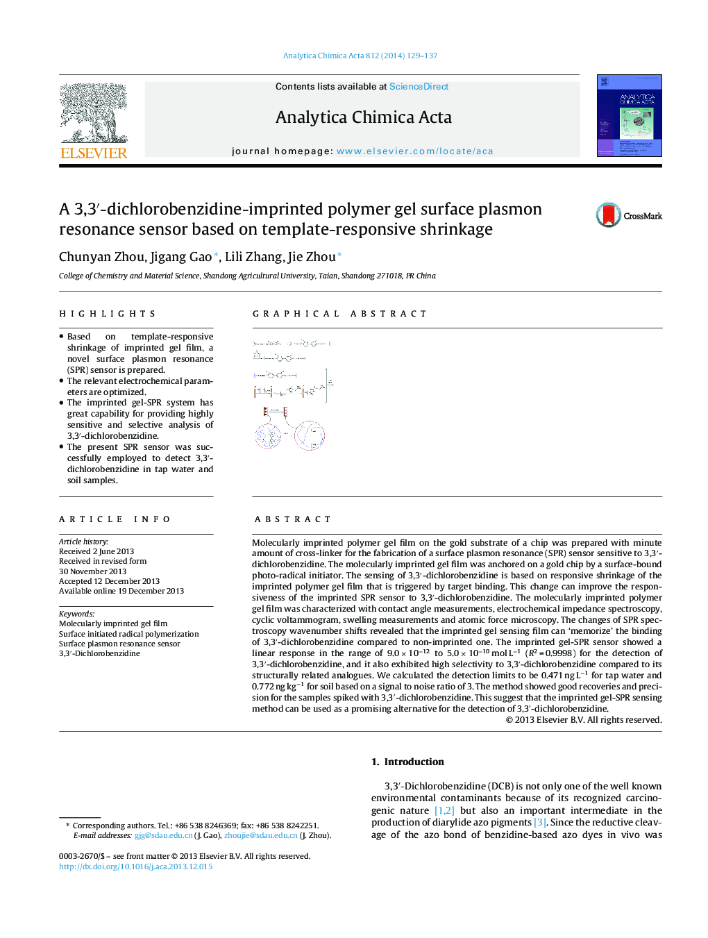 A 3,3′-dichlorobenzidine-imprinted polymer gel surface plasmon resonance sensor based on template-responsive shrinkage