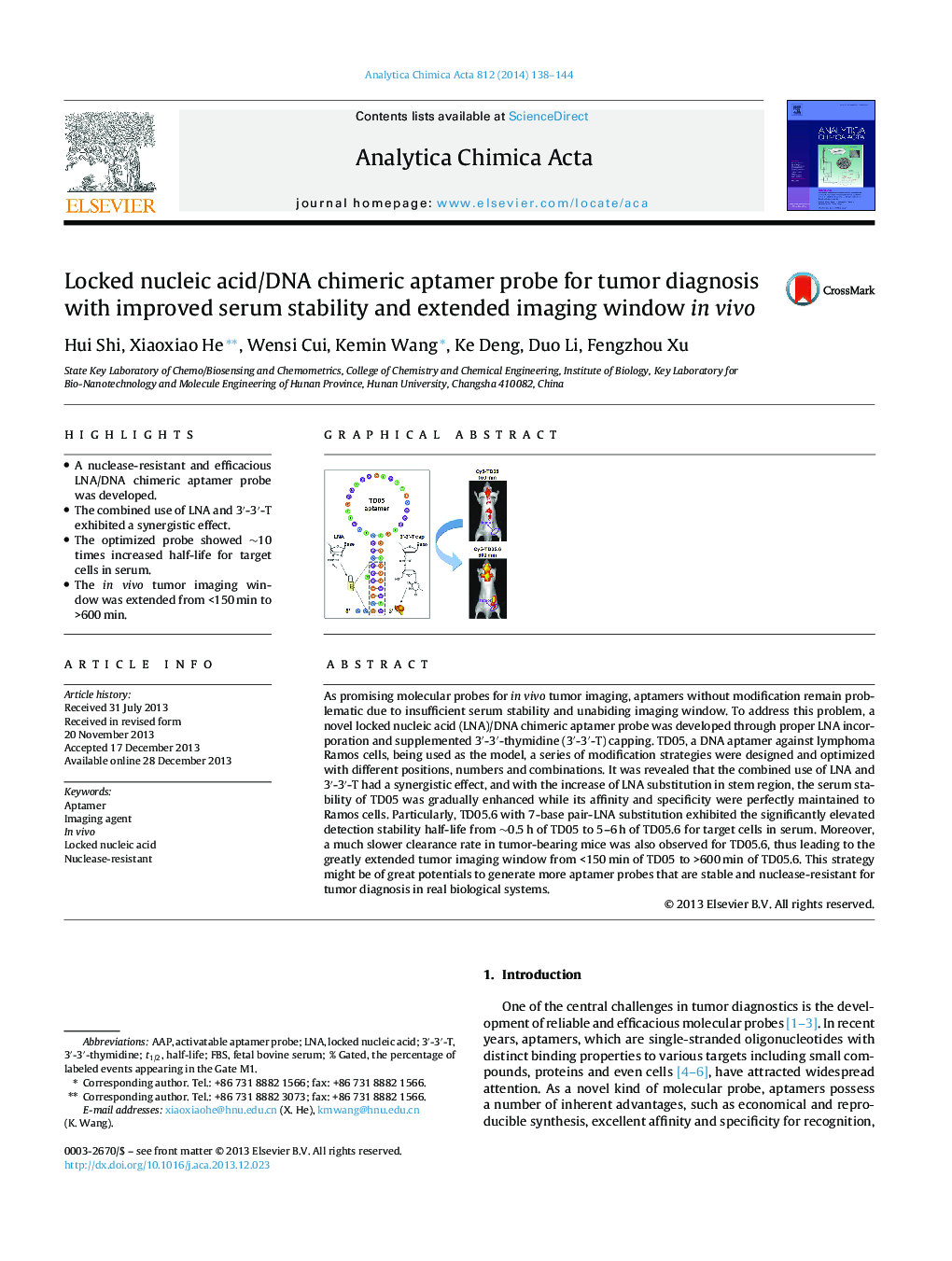 Locked nucleic acid/DNA chimeric aptamer probe for tumor diagnosis with improved serum stability and extended imaging window in vivo