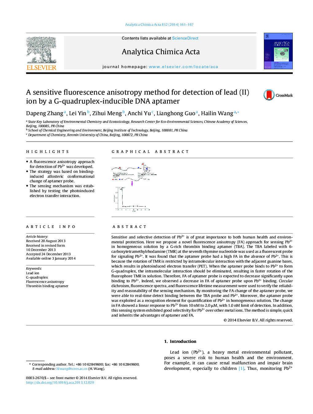 A sensitive fluorescence anisotropy method for detection of lead (II) ion by a G-quadruplex-inducible DNA aptamer