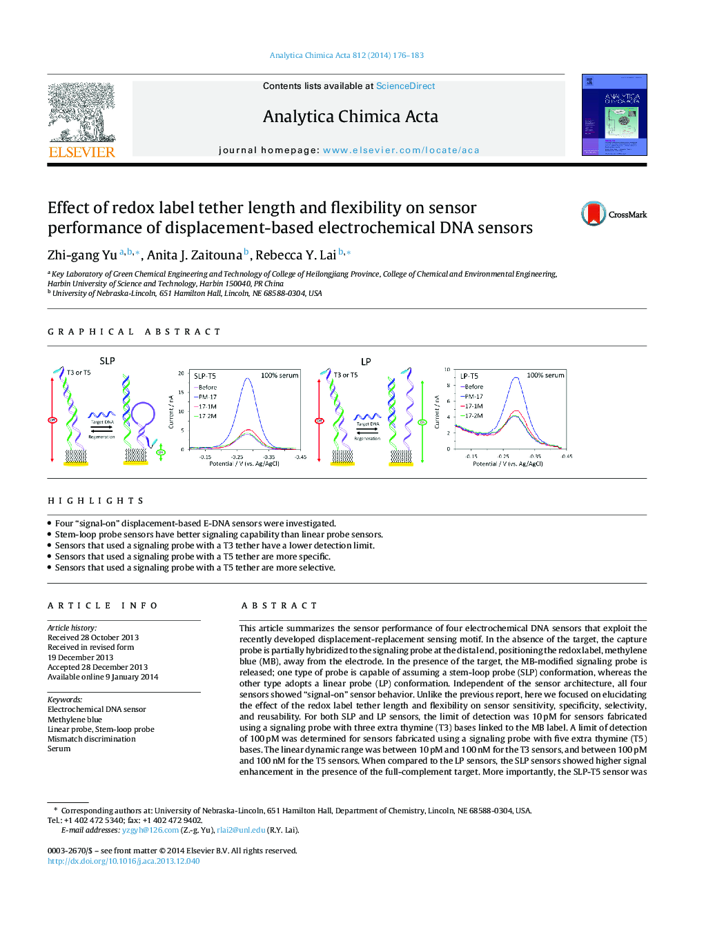 Effect of redox label tether length and flexibility on sensor performance of displacement-based electrochemical DNA sensors