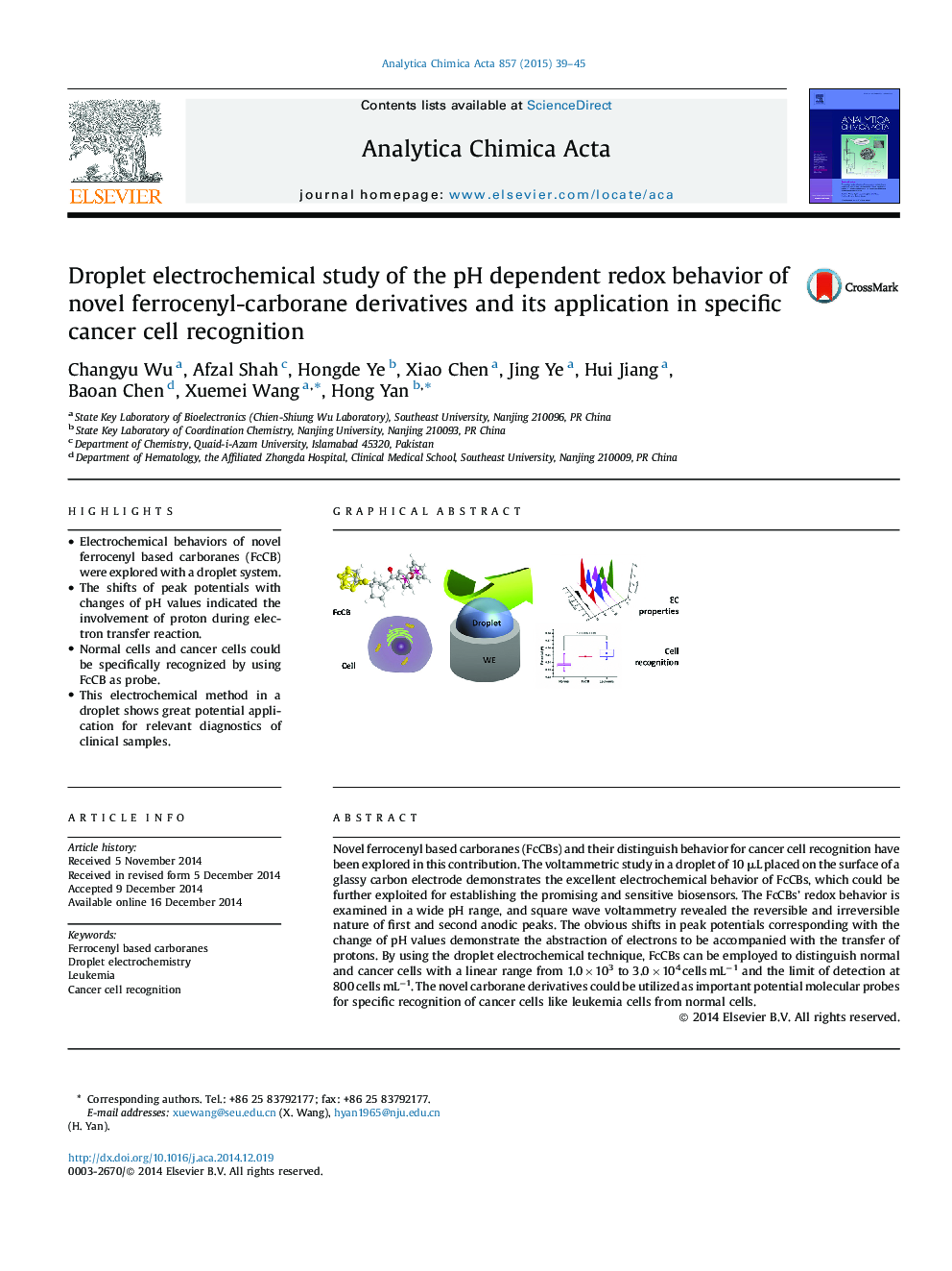 Droplet electrochemical study of the pH dependent redox behavior of novel ferrocenyl-carborane derivatives and its application in specific cancer cell recognition