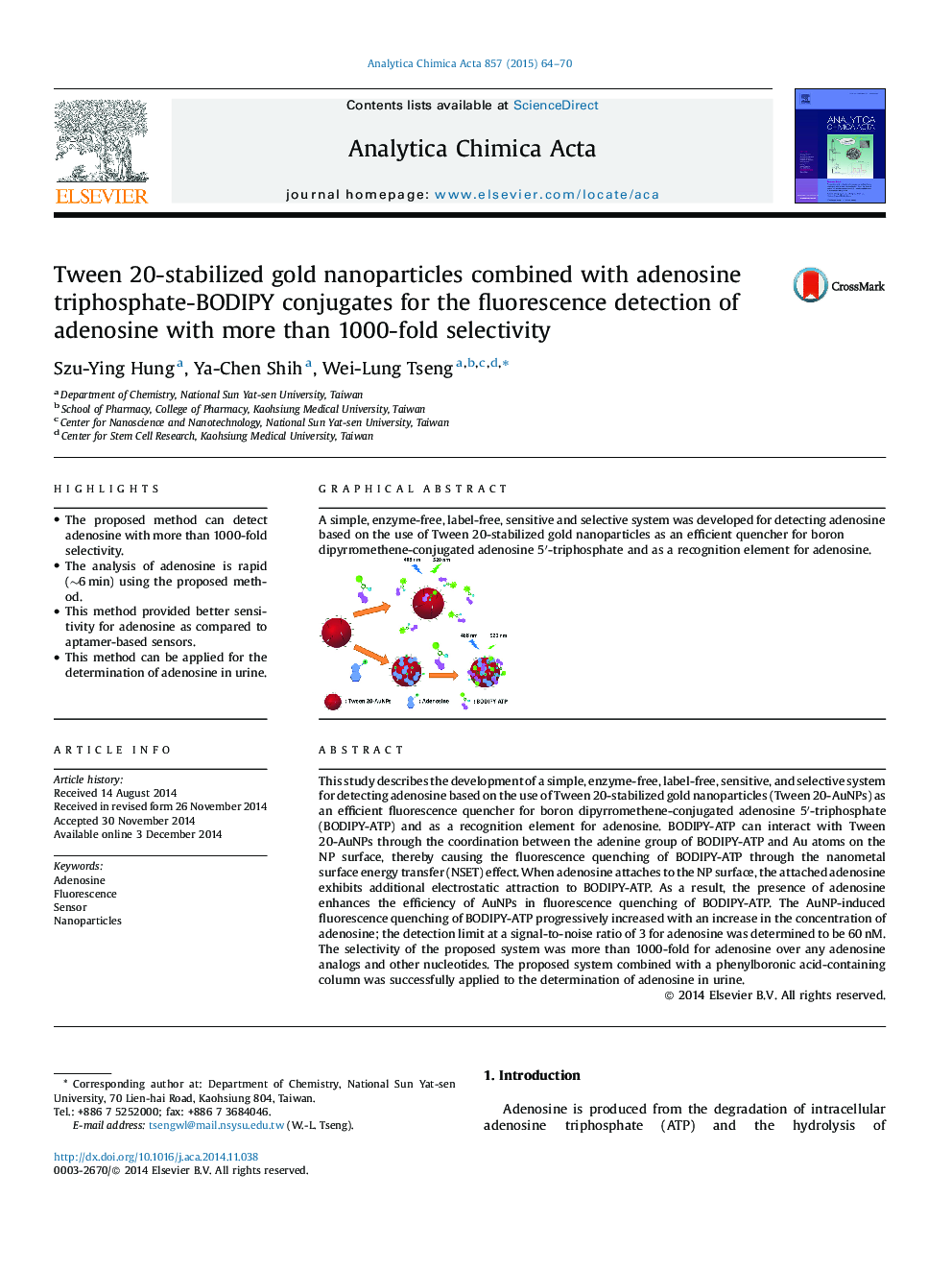 Tween 20-stabilized gold nanoparticles combined with adenosine triphosphate-BODIPY conjugates for the fluorescence detection of adenosine with more than 1000-fold selectivity