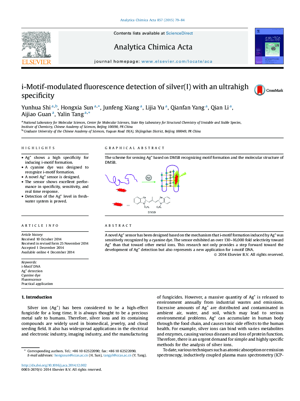 i-Motif-modulated fluorescence detection of silver(I) with an ultrahigh specificity