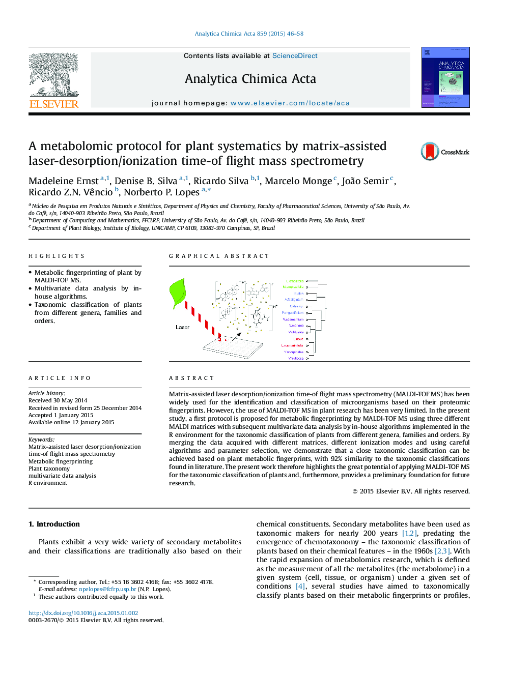 A metabolomic protocol for plant systematics by matrix-assisted laser-desorption/ionization time-of flight mass spectrometry