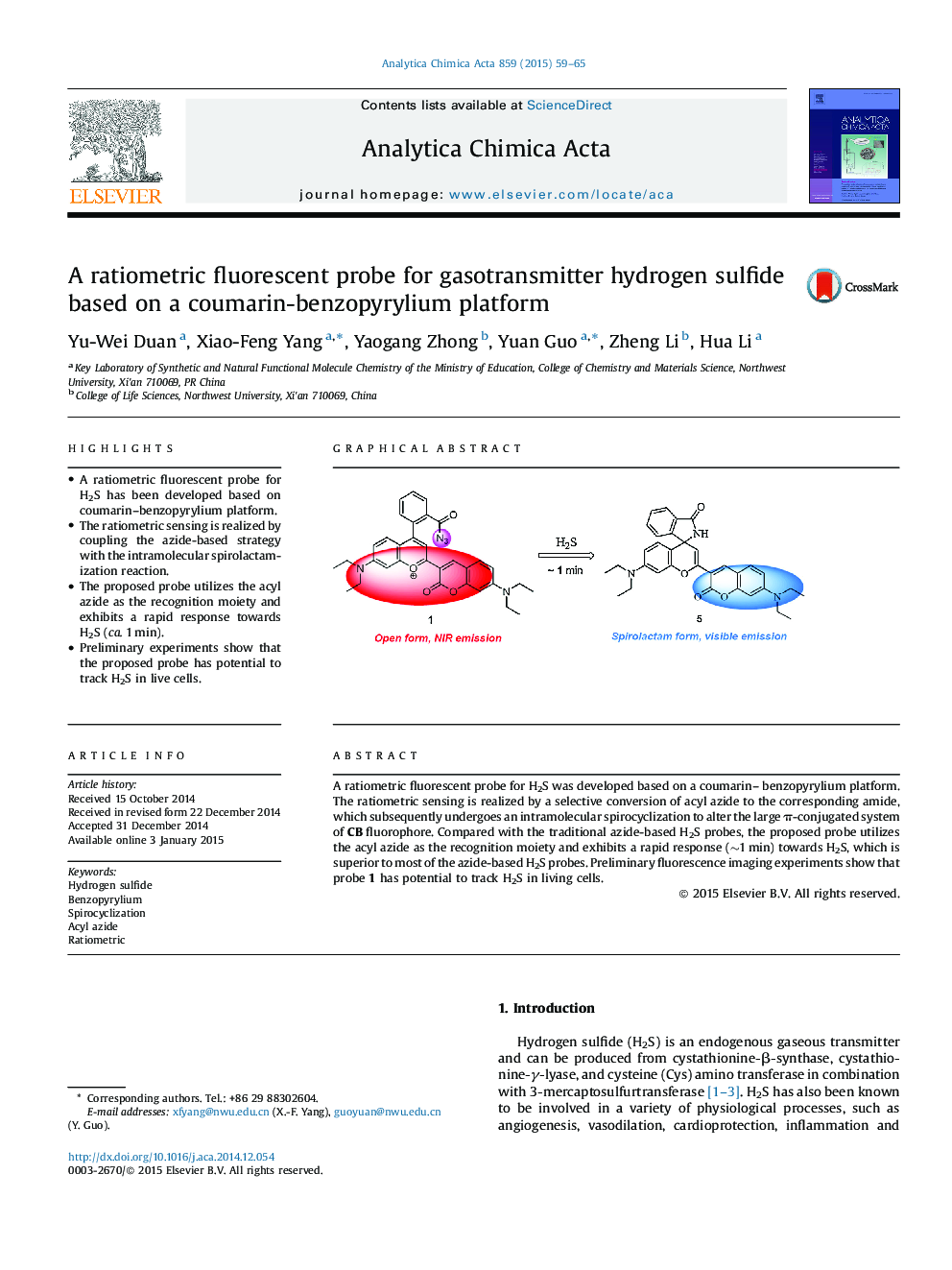 A ratiometric fluorescent probe for gasotransmitter hydrogen sulfide based on a coumarin-benzopyrylium platform