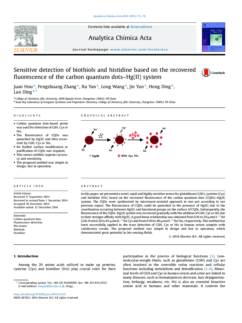 Sensitive detection of biothiols and histidine based on the recovered fluorescence of the carbon quantum dots–Hg(II) system