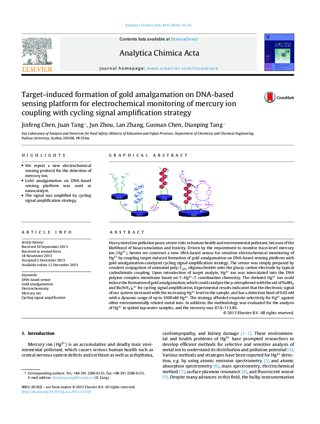 Target-induced formation of gold amalgamation on DNA-based sensing platform for electrochemical monitoring of mercury ion coupling with cycling signal amplification strategy