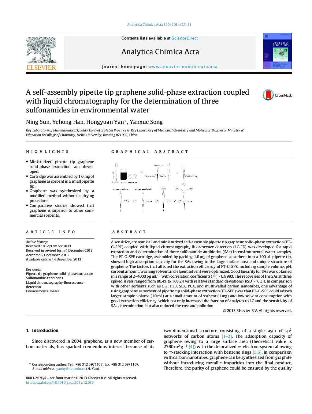 A self-assembly pipette tip graphene solid-phase extraction coupled with liquid chromatography for the determination of three sulfonamides in environmental water