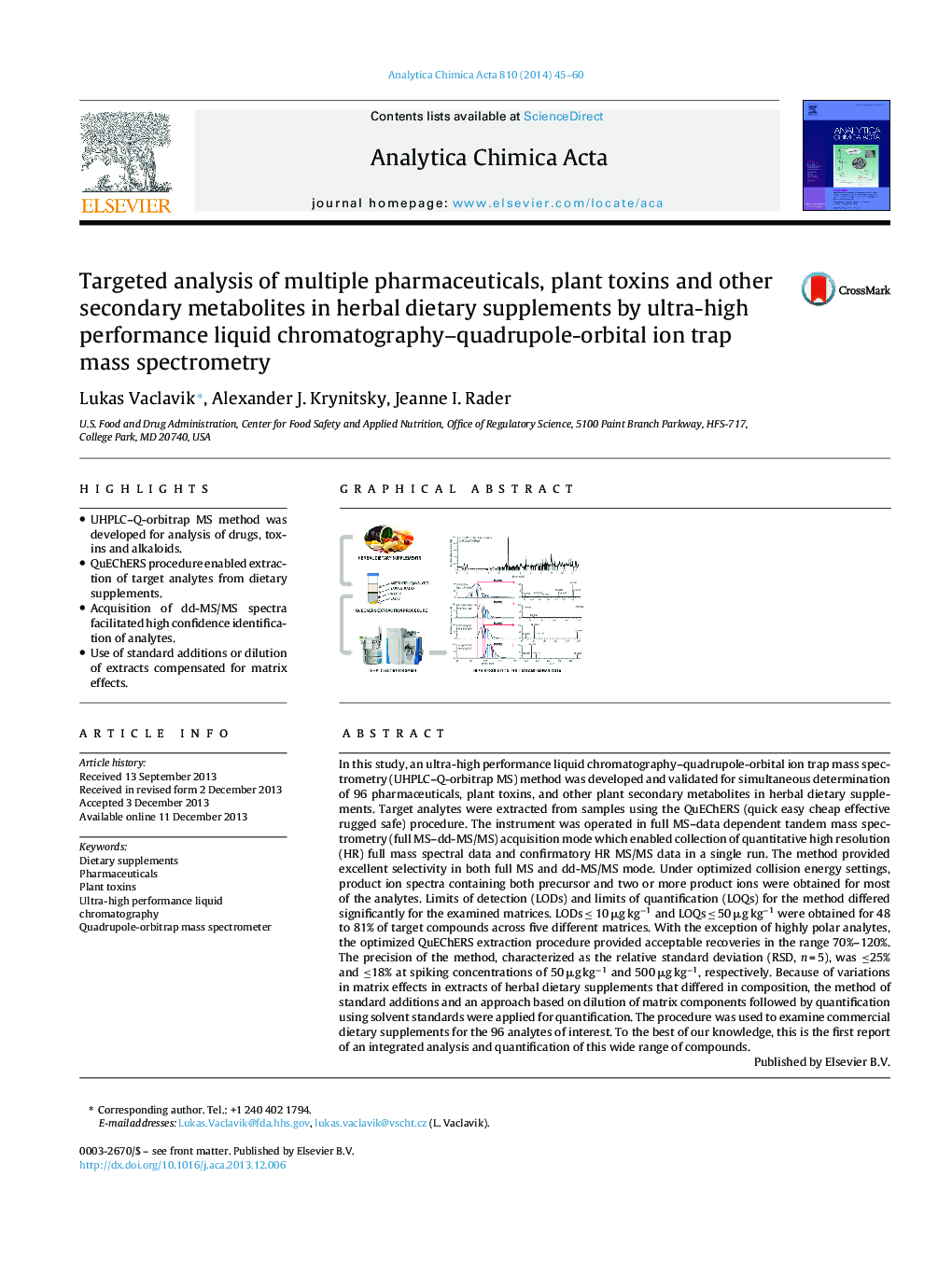 Targeted analysis of multiple pharmaceuticals, plant toxins and other secondary metabolites in herbal dietary supplements by ultra-high performance liquid chromatography–quadrupole-orbital ion trap mass spectrometry