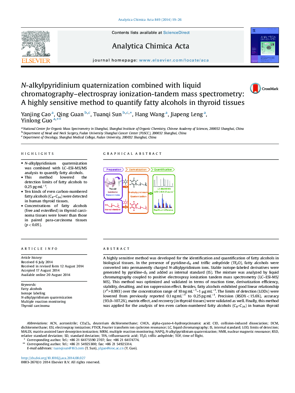 N-alkylpyridinium quaternization combined with liquid chromatography–electrospray ionization-tandem mass spectrometry: A highly sensitive method to quantify fatty alcohols in thyroid tissues