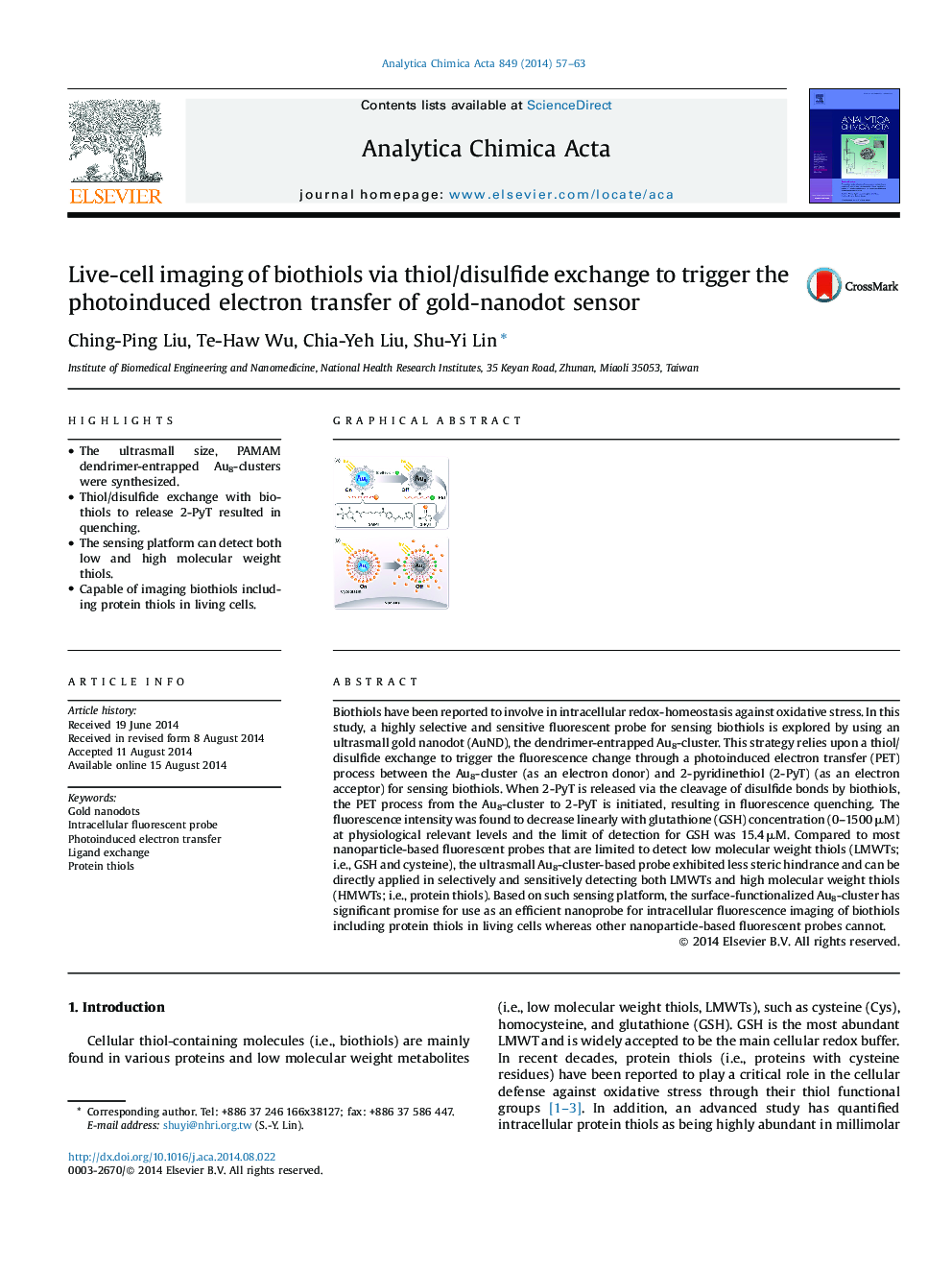 Live-cell imaging of biothiols via thiol/disulfide exchange to trigger the photoinduced electron transfer of gold-nanodot sensor