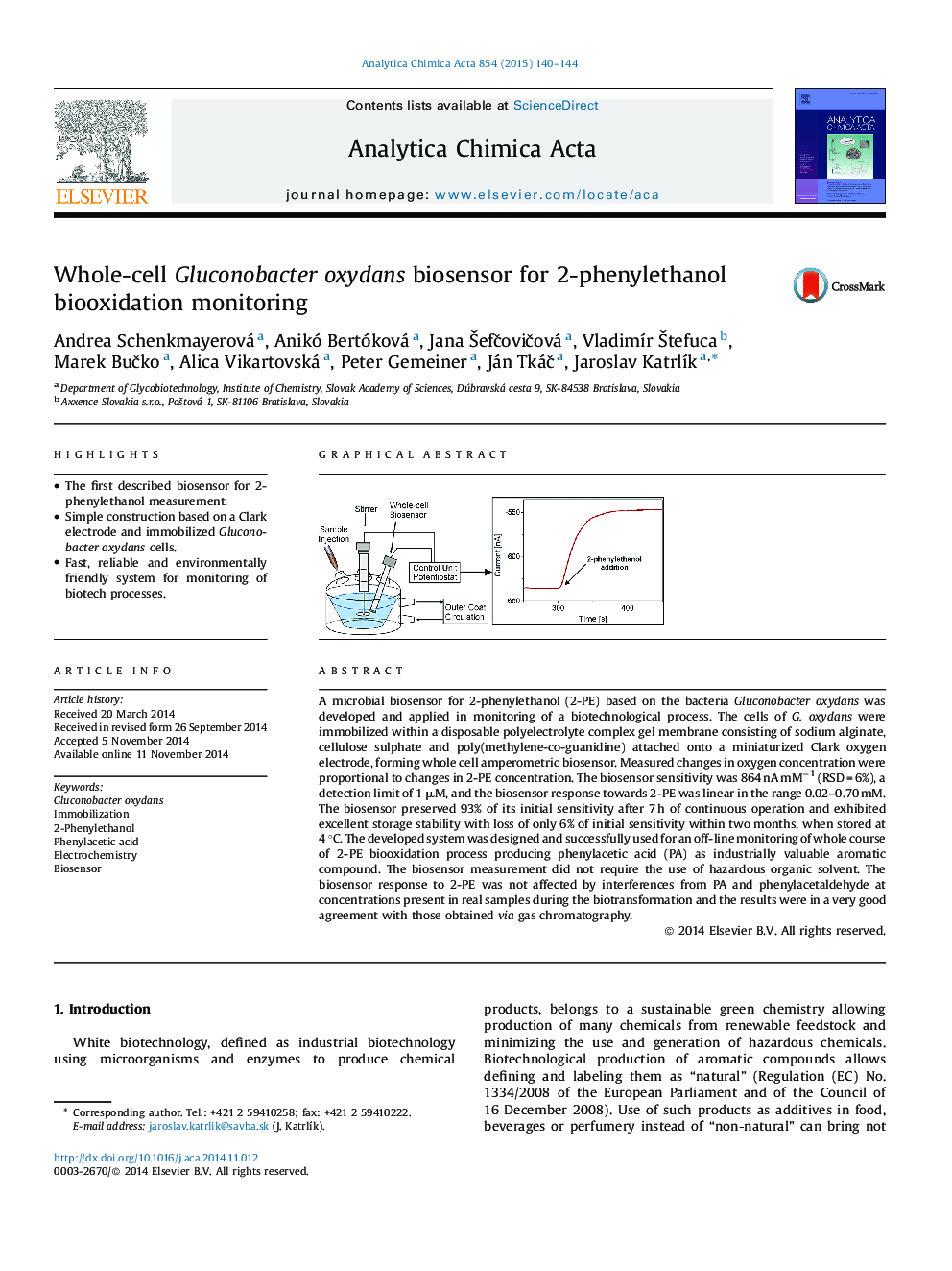 Whole-cell Gluconobacter oxydans biosensor for 2-phenylethanol biooxidation monitoring