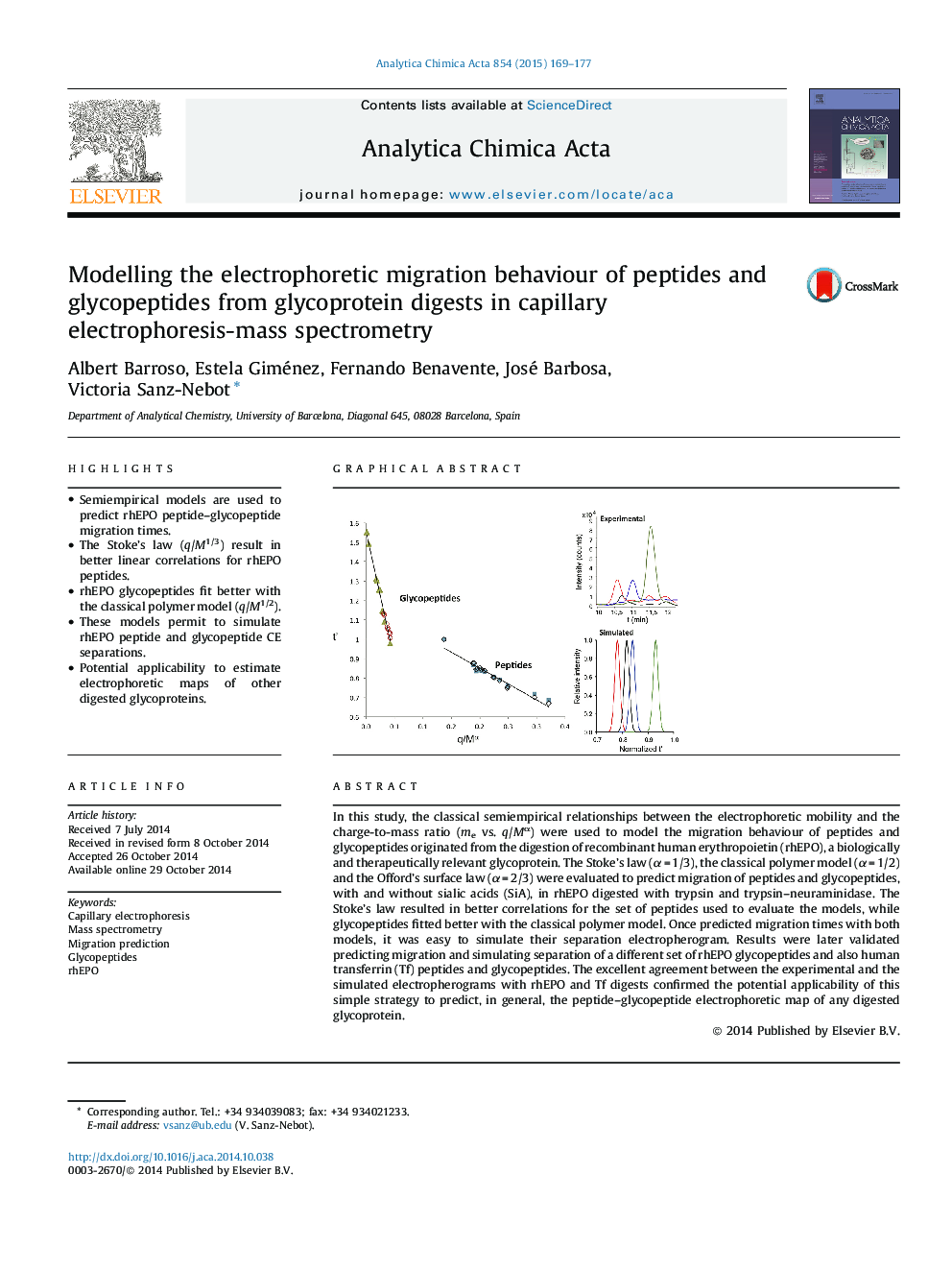 Modelling the electrophoretic migration behaviour of peptides and glycopeptides from glycoprotein digests in capillary electrophoresis-mass spectrometry