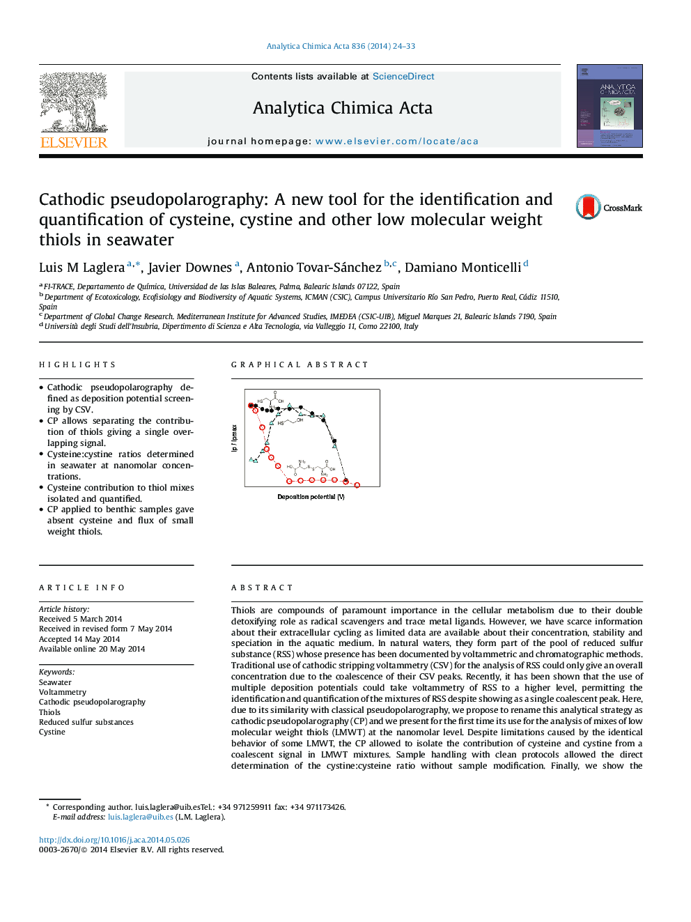Cathodic pseudopolarography: A new tool for the identification and quantification of cysteine, cystine and other low molecular weight thiols in seawater