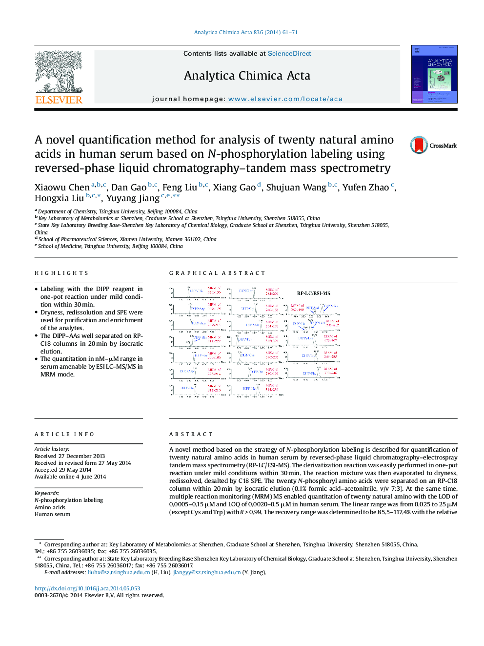 A novel quantification method for analysis of twenty natural amino acids in human serum based on N-phosphorylation labeling using reversed-phase liquid chromatography–tandem mass spectrometry