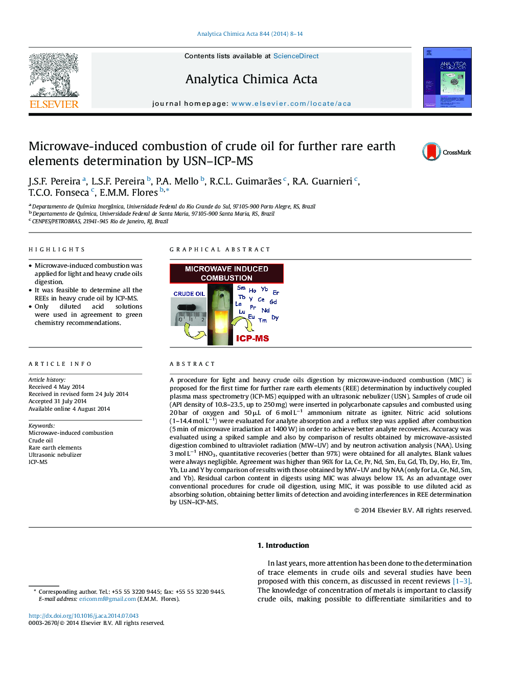 Microwave-induced combustion of crude oil for further rare earth elements determination by USN–ICP-MS