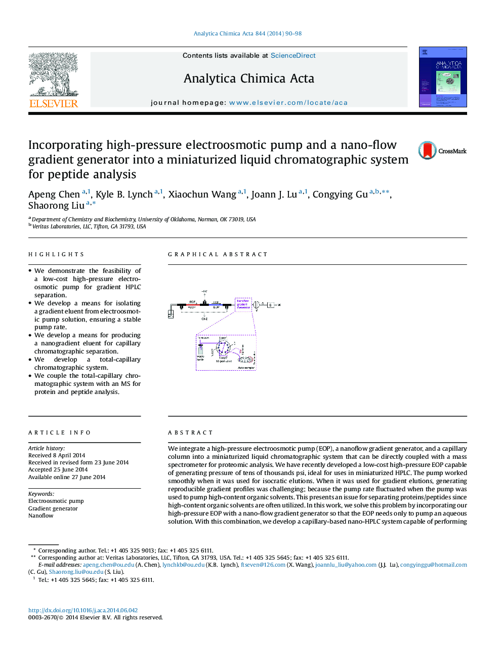 Incorporating high-pressure electroosmotic pump and a nano-flow gradient generator into a miniaturized liquid chromatographic system for peptide analysis