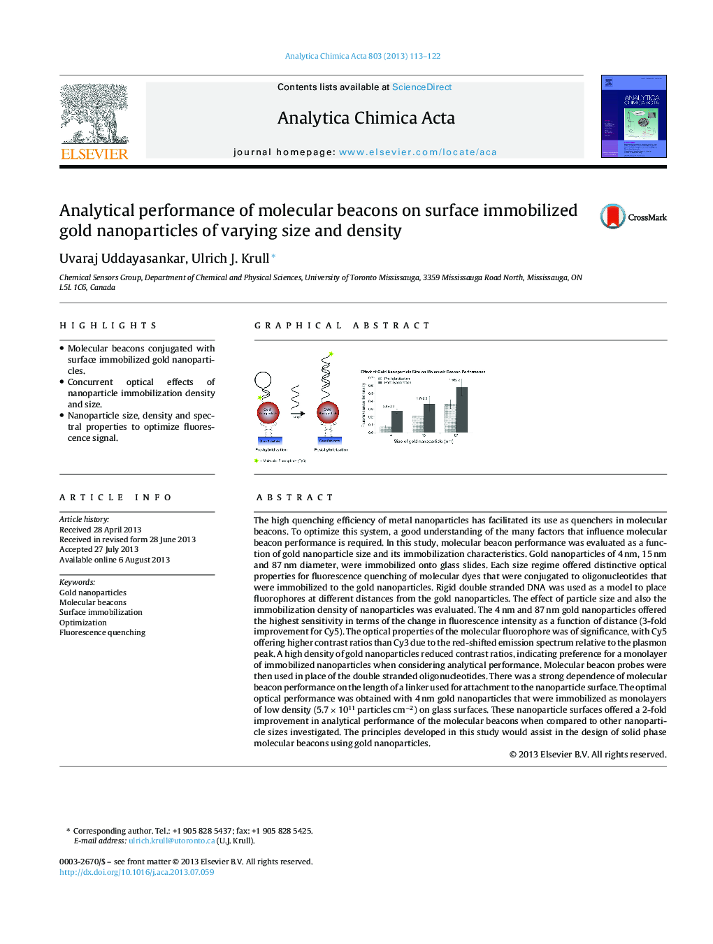 Analytical performance of molecular beacons on surface immobilized gold nanoparticles of varying size and density