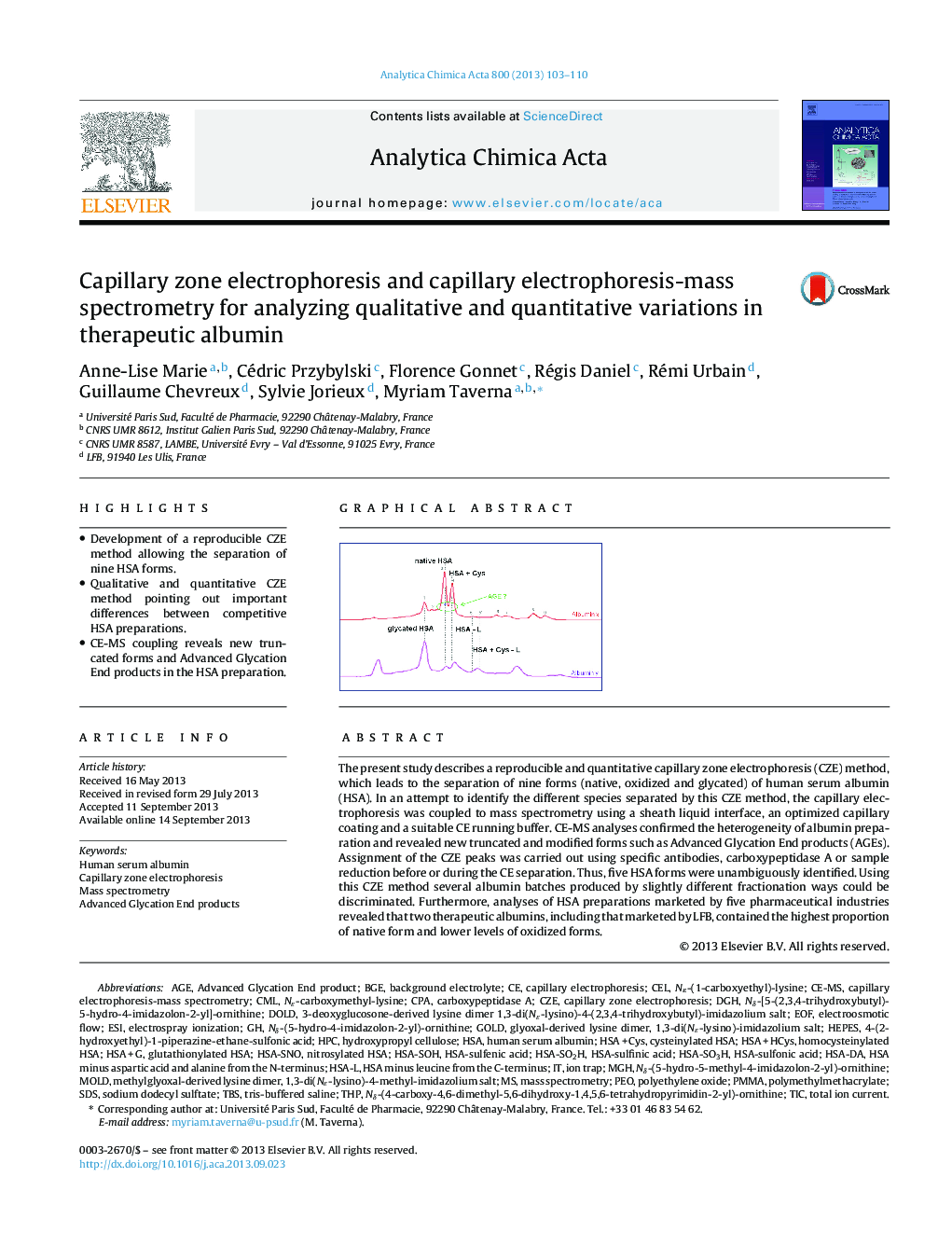 عکس صفحه اول مقاله: Capillary zone electrophoresis and capillary electrophoresis-mass spectrometry for analyzing qualitative and quantitative variations in therapeutic albumin Capillary zone electrophoresis and capillary electrophoresis-mass spectrometry for analyzing qualitative and quantitative variations in therapeutic albumin