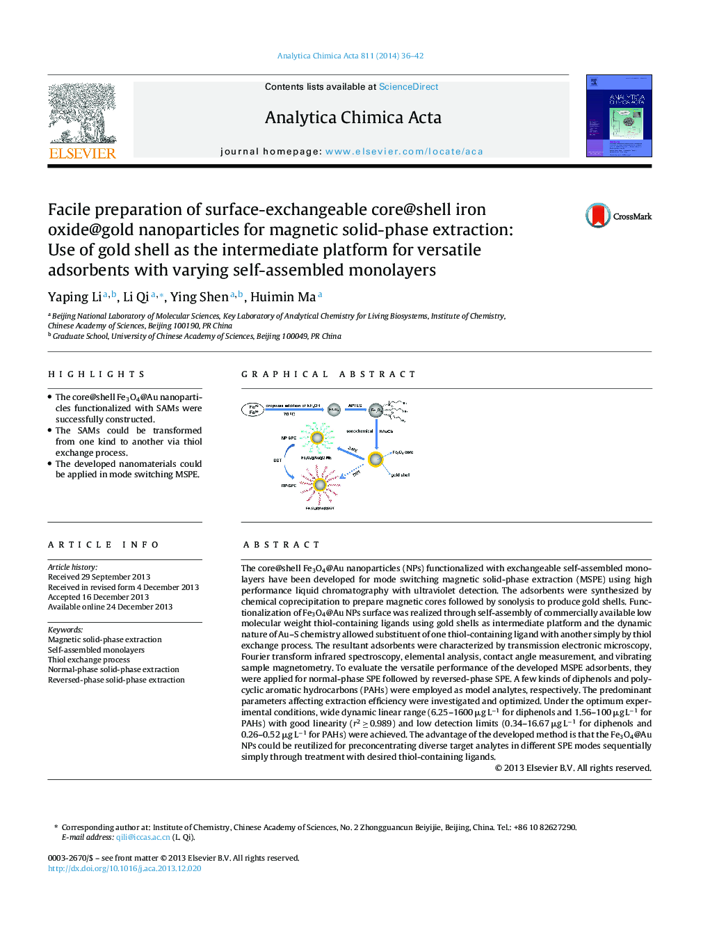 Facile preparation of surface-exchangeable core@shell iron oxide@gold nanoparticles for magnetic solid-phase extraction: Use of gold shell as the intermediate platform for versatile adsorbents with varying self-assembled monolayers