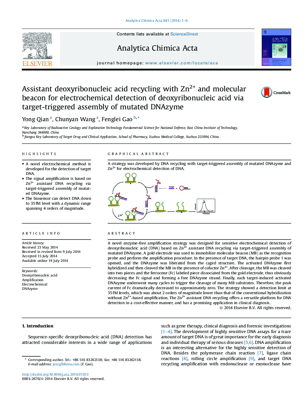 Assistant deoxyribonucleic acid recycling with Zn2+ and molecular beacon for electrochemical detection of deoxyribonucleic acid via target-triggered assembly of mutated DNAzyme