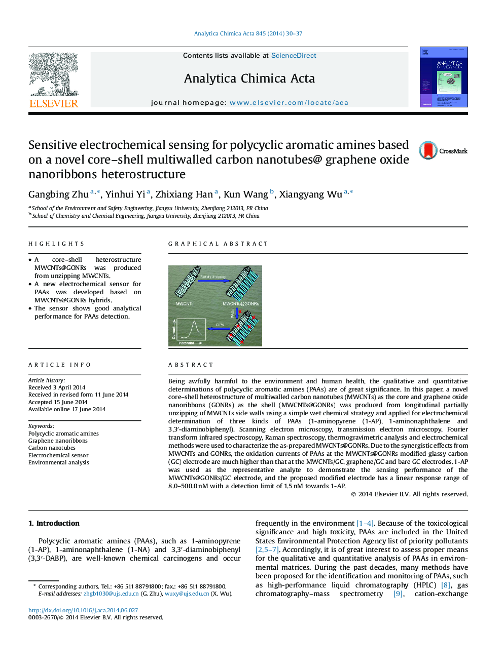 Sensitive electrochemical sensing for polycyclic aromatic amines based on a novel core–shell multiwalled carbon nanotubes@ graphene oxide nanoribbons heterostructure