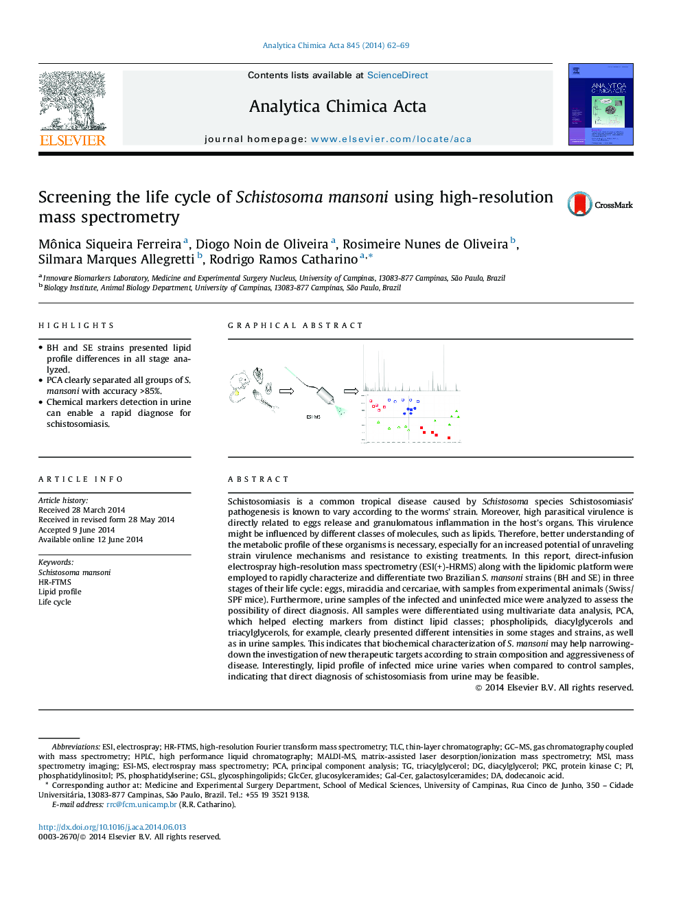 Screening the life cycle of Schistosomamansoni using high-resolution mass spectrometry