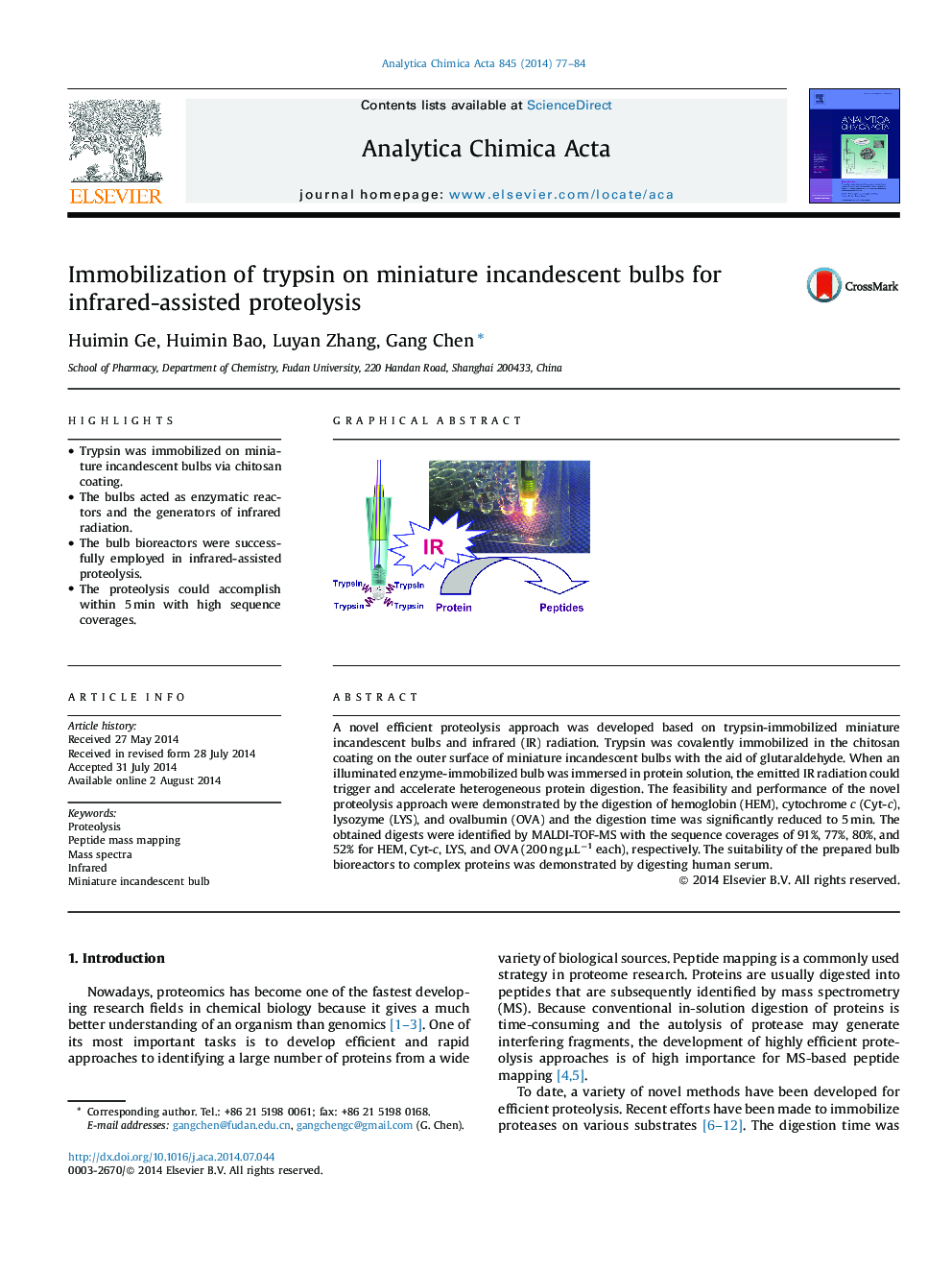 Immobilization of trypsin on miniature incandescent bulbs for infrared-assisted proteolysis