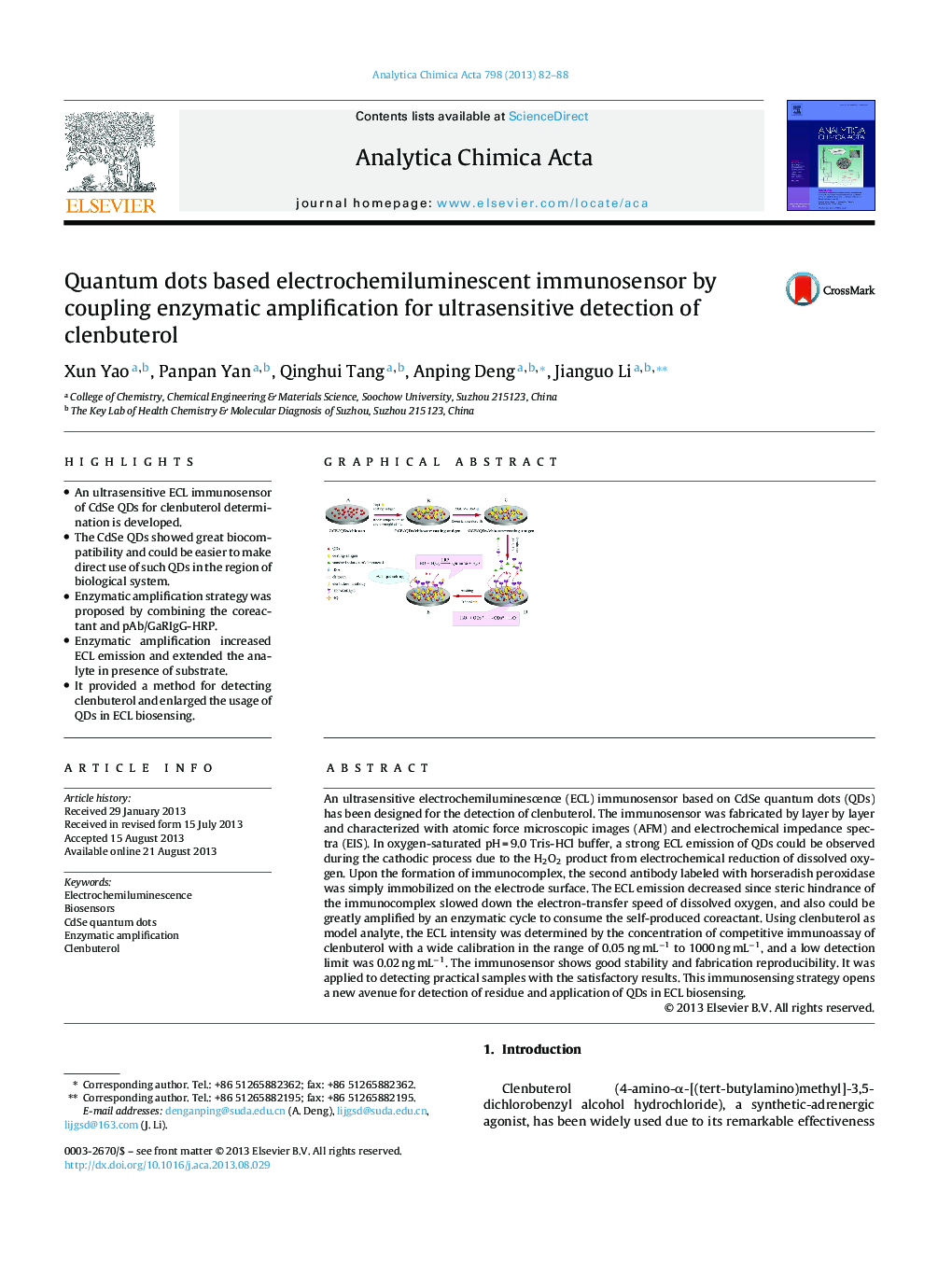 Quantum dots based electrochemiluminescent immunosensor by coupling enzymatic amplification for ultrasensitive detection of clenbuterol