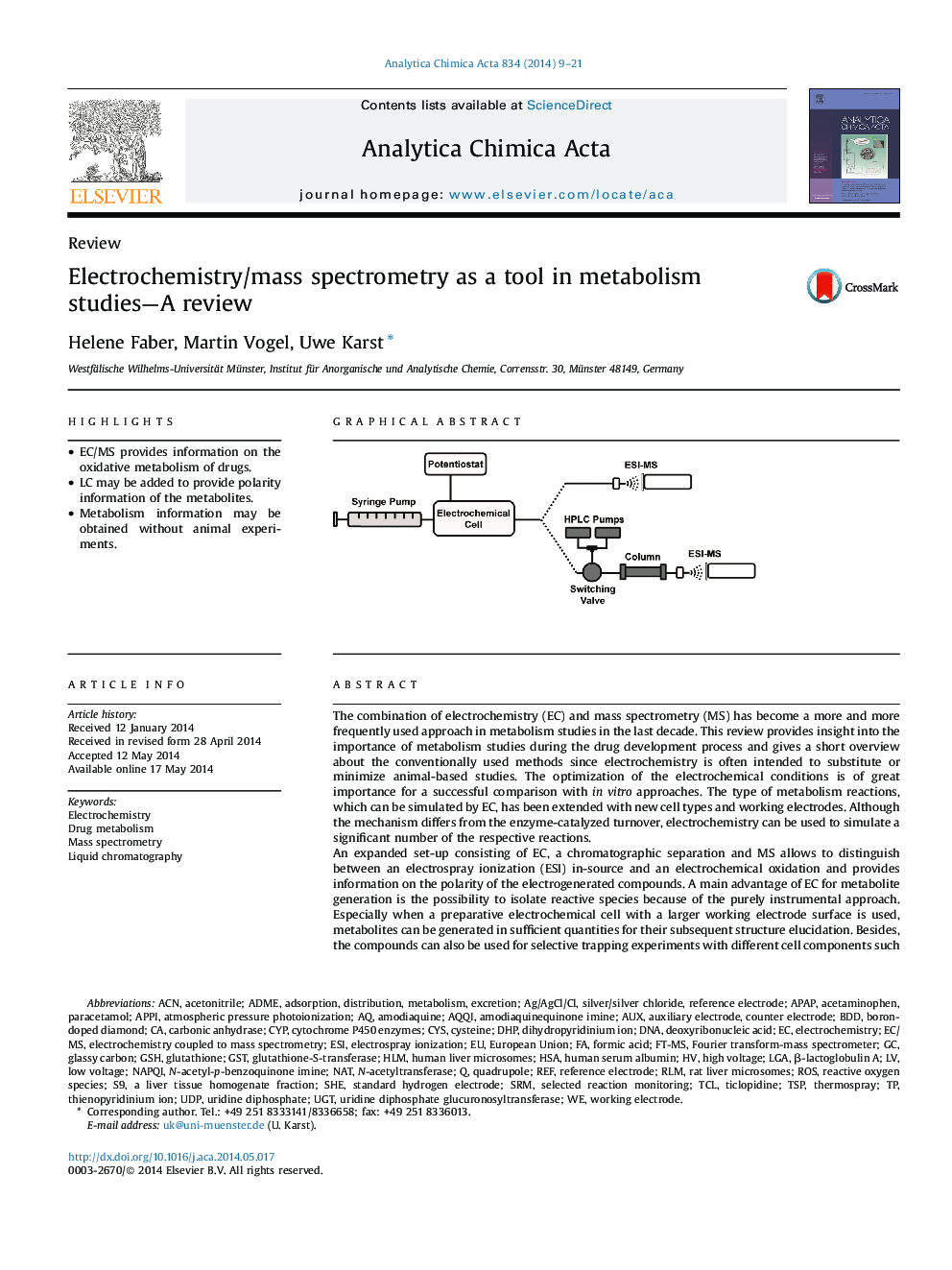 Electrochemistry/mass spectrometry as a tool in metabolism studies—A review