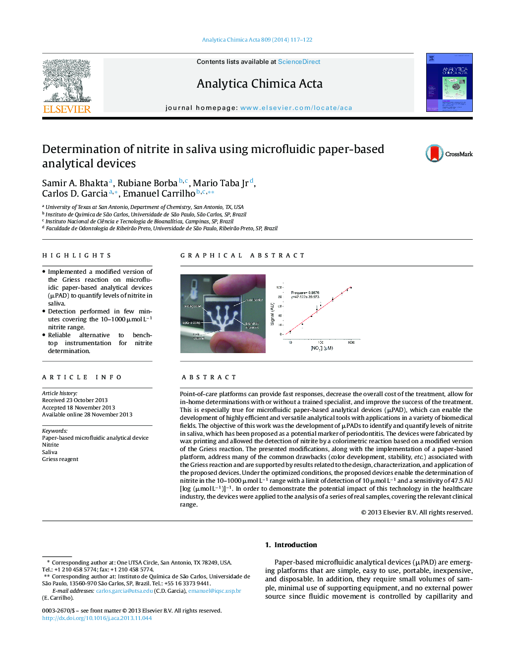 Determination of nitrite in saliva using microfluidic paper-based analytical devices