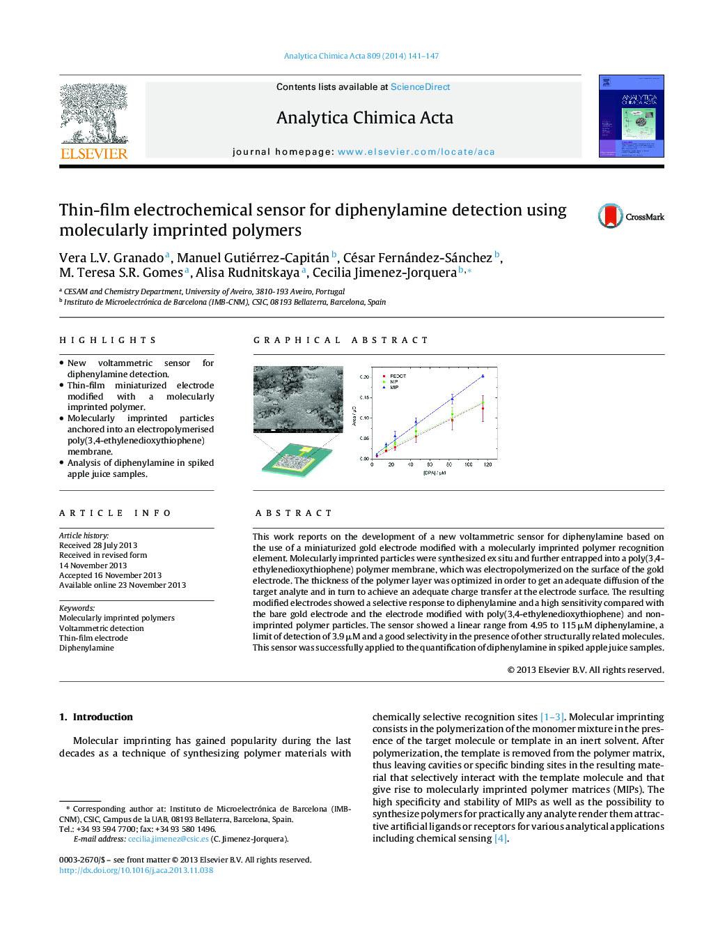 Thin-film electrochemical sensor for diphenylamine detection using molecularly imprinted polymers