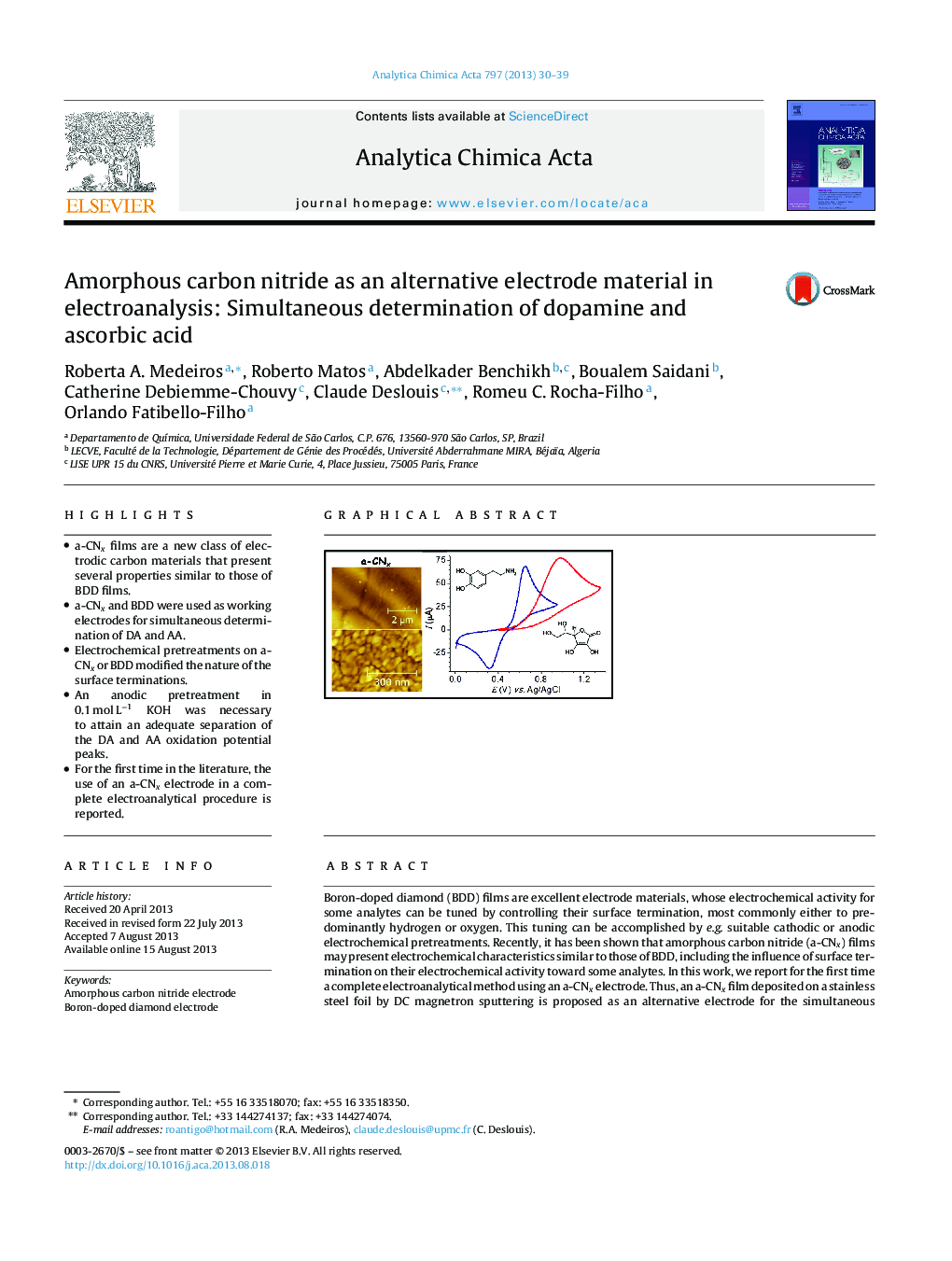 Amorphous carbon nitride as an alternative electrode material in electroanalysis: Simultaneous determination of dopamine and ascorbic acid