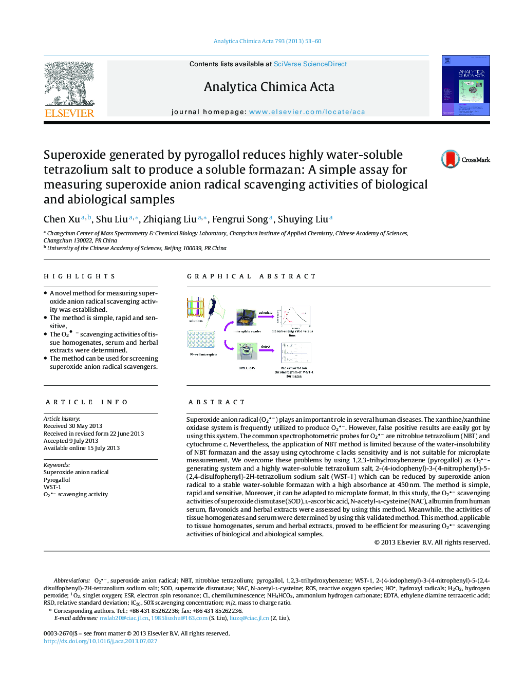 Superoxide generated by pyrogallol reduces highly water-soluble tetrazolium salt to produce a soluble formazan: A simple assay for measuring superoxide anion radical scavenging activities of biological and abiological samples