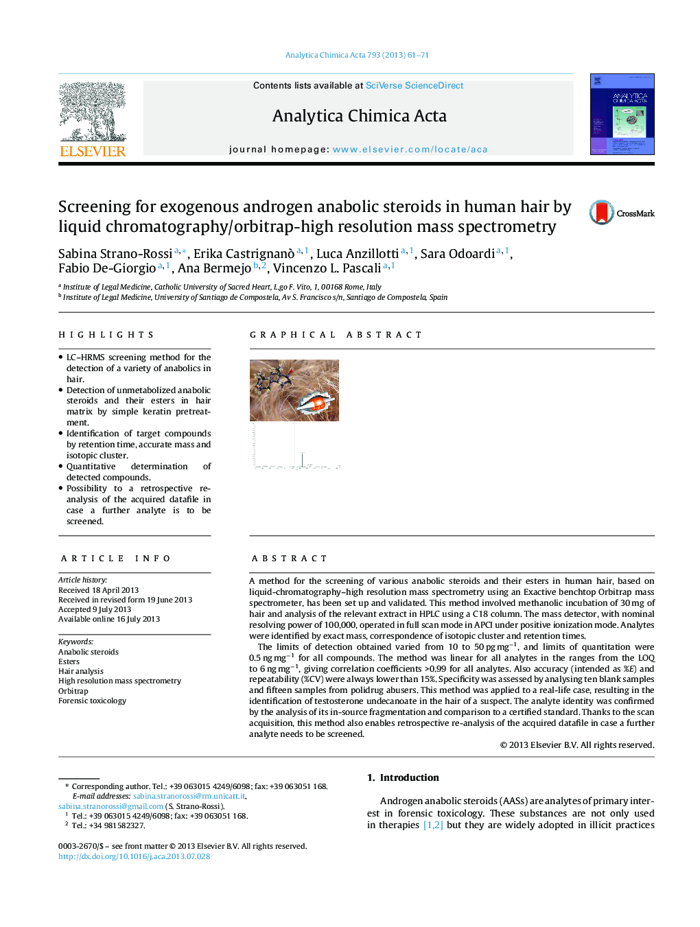 Screening for exogenous androgen anabolic steroids in human hair by liquid chromatography/orbitrap-high resolution mass spectrometry