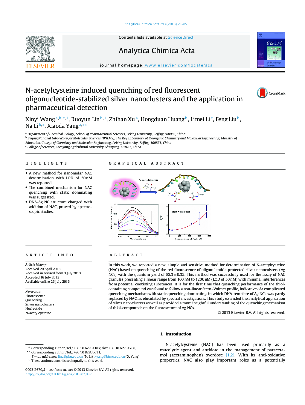 N-acetylcysteine induced quenching of red fluorescent oligonucleotide-stabilized silver nanoclusters and the application in pharmaceutical detection