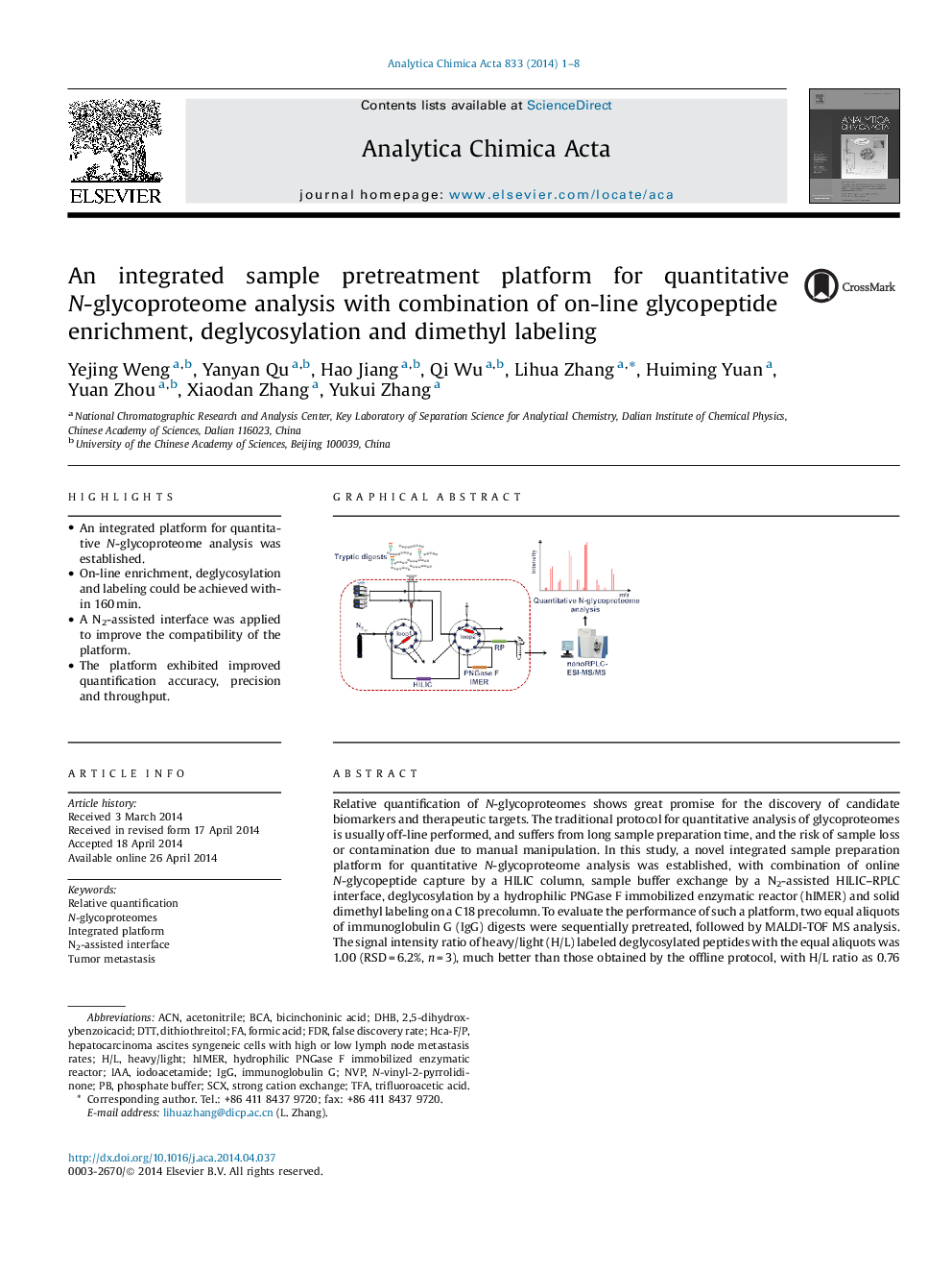 An integrated sample pretreatment platform for quantitative N-glycoproteome analysis with combination of on-line glycopeptide enrichment, deglycosylation and dimethyl labeling