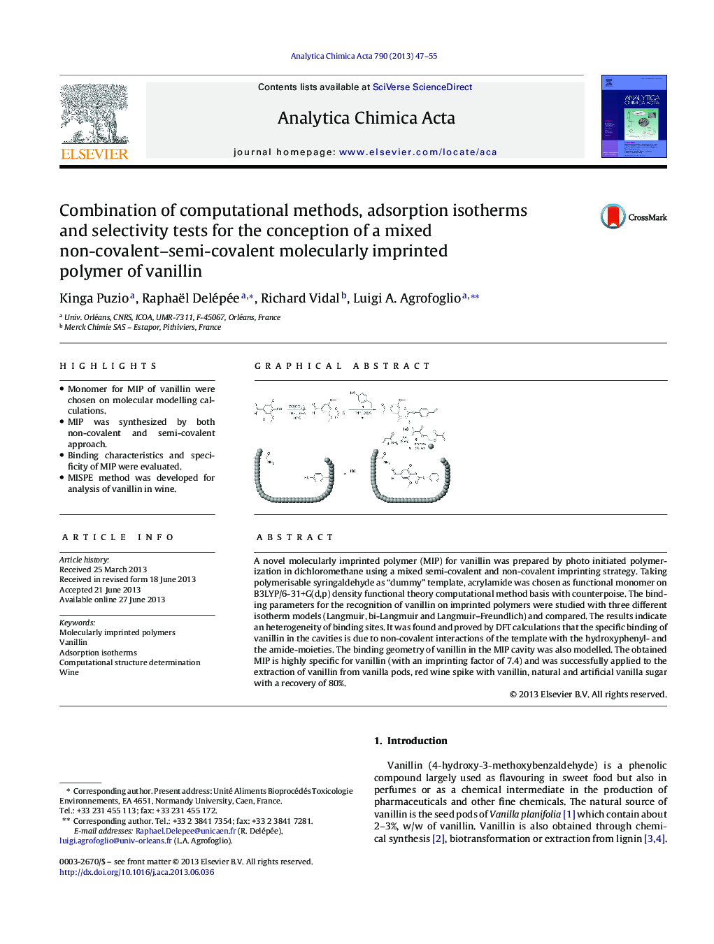 Combination of computational methods, adsorption isotherms and selectivity tests for the conception of a mixed non-covalent–semi-covalent molecularly imprinted polymer of vanillin