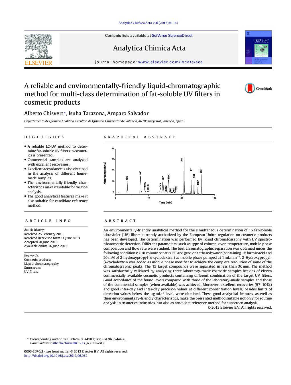 A reliable and environmentally-friendly liquid-chromatographic method for multi-class determination of fat-soluble UV filters in cosmetic products